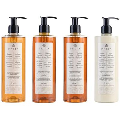 Prija Lot de 4 flacons de savon liquide pour les cheveux, gel douche, lotion pour le corps, 4 x 380 ml au ginseng et spa Prija Lot de 4 flacons de savon liquide pour les cheveux, gel douche, lotion pour le corps, 4 x 380 ml au ginseng et spa