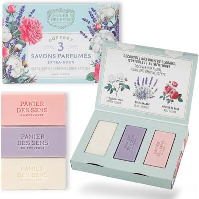 Panier des Sens Lot de 3 savons parfumés nourrissants 3 x 100 g Coton de construction, rose et lavande, savon moulu 3 fois pour un savon particulièrement fin et solide avec mousse onctueuse Panier des Sens Lot de 3 savons parfumés nourrissants 3 x 100 g Coton de construction, rose et lavande, savon moulu 3 fois pour un savon particulièrement fin et solide avec mousse onctueuse