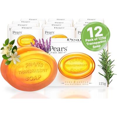 PEARS Lot de 12 barres de savon transparentes ambrées de 125 g Huiles naturelles, nettoyage doux, soin nourrissant et rafraîchissant PEARS Lot de 12 barres de savon transparentes ambrées de 125 g Huiles naturelles, nettoyage doux, soin nourrissant et rafraîchissant