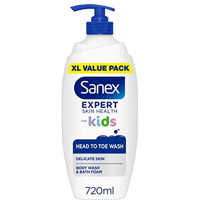 Sanex Expert Skin Health Gel douche pour enfants, de la tête aux pieds, 720 ml, protège les peaux sensibles, gel douche pour enfants, nettoie en douceur, 12 heures d'hydratation, testé Sanex Expert Skin Health Gel douche pour enfants, de la tête aux pieds, 720 ml, protège les peaux sensibles, gel douche pour enfants, nettoie en douceur, 12 heures d'hydratation, testé
