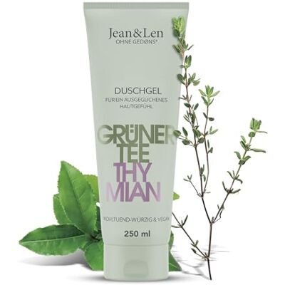 Jean & Len Gel douche Thé vert & thym, pH idéal pour la peau, expérience de douche apaisante et épicée, enrichi en extrait de thé vert et de thym, gel douche végétalien, sans parabène ni silicone, 250 Jean & Len Gel douche Thé vert & thym, pH idéal pour la peau, expérience de douche apaisante et épicée, enrichi en extrait de thé vert et de thym, gel douche végétalien, sans parabène ni silicone, 250
