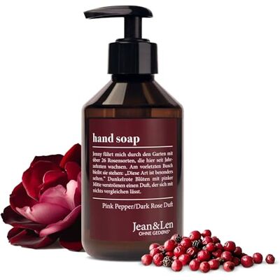 Jean & Len Savon liquide pour les mains Pink Pepper & Dark Rose Nettoie les mains sollicitées Convient pour un usage quotidien Distributeur à pompe Parfum sensuel Végétalien 250 ml Jean & Len Savon liquide pour les mains Pink Pepper & Dark Rose Nettoie les mains sollicitées Convient pour un usage quotidien Distributeur à pompe Parfum sensuel Végétalien 250 ml
