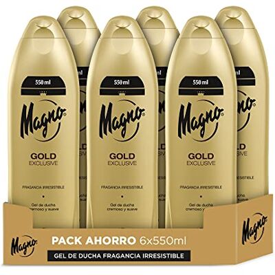 Magno Lot de 6 flacons de gel douche Gold de 550 ml (3 300 ml) Parfum séduisant Offre onctuosité et douceur Magno Lot de 6 flacons de gel douche Gold de 550 ml (3 300 ml) Parfum séduisant Offre onctuosité et douceur