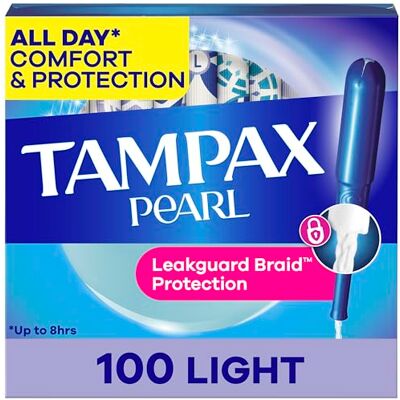 Tampax Pearl Lot de 100 tampons absorbants de la lumière, applicateur en plastique sans BPA et tresse anti-fuite, non parfumés, lot de 2 (100 pièces au total) Tampax Pearl Lot de 100 tampons absorbants de la lumière, applicateur en plastique sans BPA et tresse anti-fuite, non parfumés, lot de 2 (100 pièces au total)