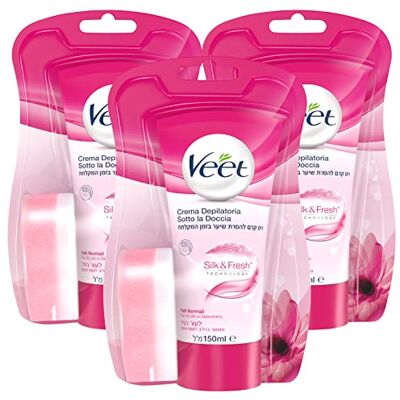 Veet Lot de 3 crème dépilatoire sous la douche Silk & Fresh Technology pour peaux normales hydratantes et parfumées avec éponge pour l'application fournie Tube de 150 ml Veet Lot de 3 crème dépilatoire sous la douche Silk & Fresh Technology pour peaux normales hydratantes et parfumées avec éponge pour l'application fournie Tube de 150 ml