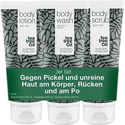 Australian Bodycare Soins du Corps Body Wash, Body Scrub & Body Lotion 3 Produits Contre les Boutons, Impuretés et Points Noirs du Dos et des Fesses À l’Huile d’Arbre à Thé Australian Bodycare Soins du Corps Body Wash, Body Scrub & Body Lotion 3 Produits Contre les Boutons, Impuretés et Points Noirs du Dos et des Fesses À l’Huile d’Arbre à Thé