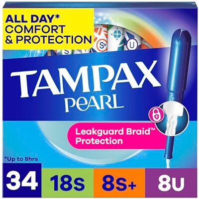 Tampax Pearl Lot de 34 tampons Super/Super Plus/Ultra absorbants avec applicateur en plastique sans BPA et tresse LeakGuard, non parfumés, 34 pièces Tampax Pearl Lot de 34 tampons Super/Super Plus/Ultra absorbants avec applicateur en plastique sans BPA et tresse LeakGuard, non parfumés, 34 pièces