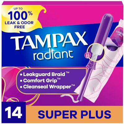 Tampax Lot de 14 tampons radiants super absorbants, avec tresse anti-fuite, non parfumés Tampax Lot de 14 tampons radiants super absorbants, avec tresse anti-fuite, non parfumés