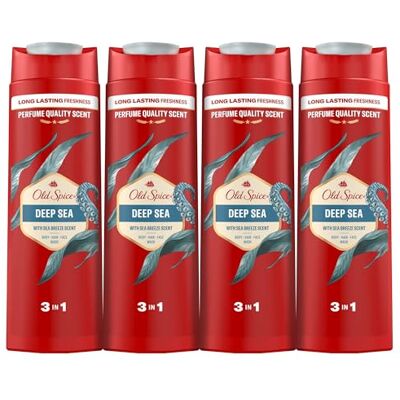 Old Spice Deep Sea Lot de 4 flacons de gel de bain et shampooing pour homme 3 en 1 pour corps, cheveux et visage Fraîcheur durable 4 x 400 ml Old Spice Deep Sea Lot de 4 flacons de gel de bain et shampooing pour homme 3 en 1 pour corps, cheveux et visage Fraîcheur durable 4 x 400 ml