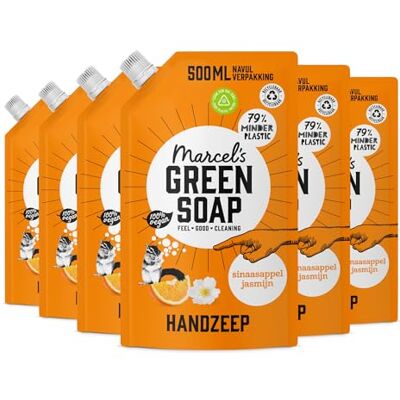 Marcel's Green Soap Recharge pour savon mains orange et jasmin Recharge pour distributeur de savon liquide 100% écologique 100% végétalien 97% biodégradable Lot de 6-500ml Marcel's Green Soap Recharge pour savon mains orange et jasmin Recharge pour distributeur de savon liquide 100% écologique 100% végétalien 97% biodégradable Lot de 6-500ml
