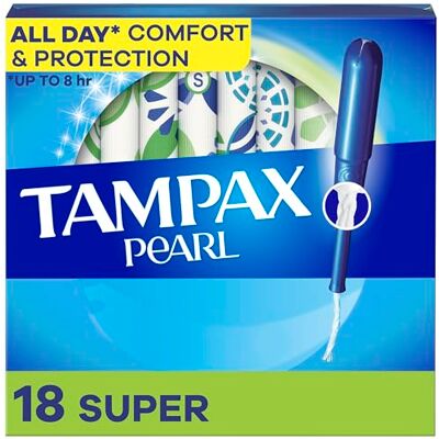 Tampax Pearl Lot de 18 tampons en plastique super absorbants, non parfumés, l'emballage peut varier Tampax Pearl Lot de 18 tampons en plastique super absorbants, non parfumés, l'emballage peut varier