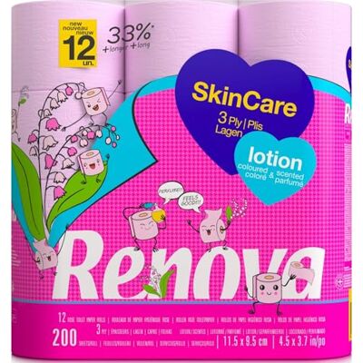 Renova Papier toilette Lotion pour la peau 12 rouleaux de lotion Papier rose 3 couches Rouleaux XXL Certifié FSC® Renova Papier toilette Lotion pour la peau 12 rouleaux de lotion Papier rose 3 couches Rouleaux XXL Certifié FSC®