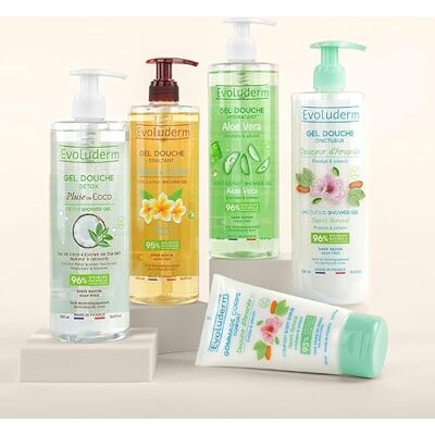 Evoluderm Offre 4 Gels Douche 500ml + Un Gommage Offert Gel Douche Monoi Amande Aloe Vera Pluie de Coco Ingrédients Naturels Made In France Evoluderm Offre 4 Gels Douche 500ml + Un Gommage Offert Gel Douche Monoi Amande Aloe Vera Pluie de Coco Ingrédients Naturels Made In France