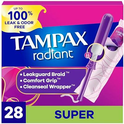 Tampax Lot de 28 tampons radiants, super absorbants, avec tresse anti-fuite, non parfumés Tampax Lot de 28 tampons radiants, super absorbants, avec tresse anti-fuite, non parfumés