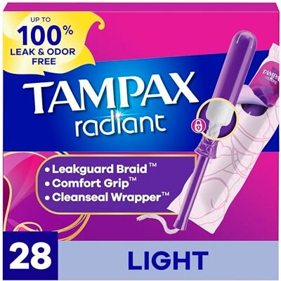 Tampax Lot de 28 tampons radiants absorbant la lumière avec applicateur en plastique sans BPA et tresse LeakGuard, non parfumés Tampax Lot de 28 tampons radiants absorbant la lumière avec applicateur en plastique sans BPA et tresse LeakGuard, non parfumés
