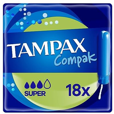 Tampax Compak Super Tampons avec Applicateur, 18 Tampons, Protection contre les fuites et Discrétion, Super Absorbants Tampax Compak Super Tampons avec Applicateur, 18 Tampons, Protection contre les fuites et Discrétion, Super Absorbants