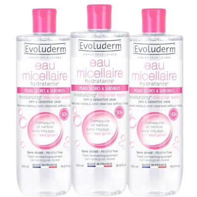 Evoluderm Eau Micellaire Démaquillante Peaux Sèches & Sensibles – 500 ml 93% d'Origine Naturelle Végan Fabrication Française Lot de 3 x 500 ml Evoluderm Eau Micellaire Démaquillante Peaux Sèches & Sensibles – 500 ml 93% d'Origine Naturelle Végan Fabrication Française Lot de 3 x 500 ml