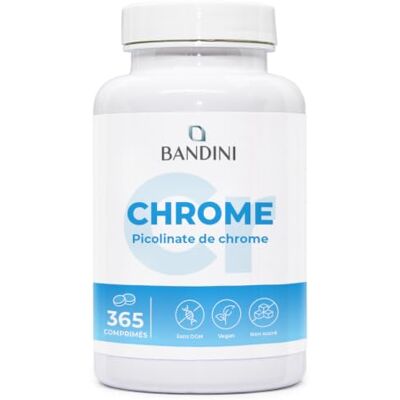 BANDINI ® Chrome 200 µg – 365 comprimés (1 an) – Picolinate de Chrome hautement dosé Végane, sans additifs Favorise le métabolisme des macronutriments et le maintien d'une glycémie normale BANDINI ® Chrome 200 µg – 365 comprimés (1 an) – Picolinate de Chrome hautement dosé Végane, sans additifs Favorise le métabolisme des macronutriments et le maintien d'une glycémie normale