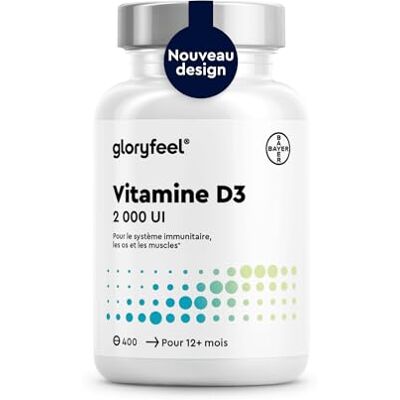 Gloryfeel Vitamine D3 2000 UI par Comprimé (50 mcg), 400 Comprimés (Pour Plus d'un An), Vit D Forte Dose, Cholécalciférol, Pour les Os, Dents, Muscles et Système Immunitaire*, Sans Additifs Gloryfeel Vitamine D3 2000 UI par Comprimé (50 mcg), 400 Comprimés (Pour Plus d'un An), Vit D Forte Dose, Cholécalciférol, Pour les Os, Dents, Muscles et Système Immunitaire*, Sans Additifs