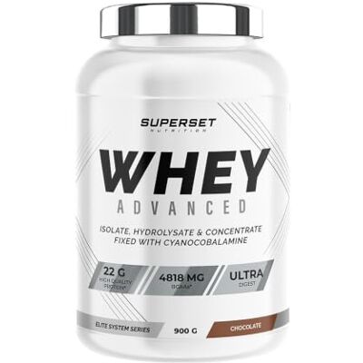 SUPERSET NUTRITION 100% Whey Proteine Advanced (900g) Super Mix Concentrat + Isolat + Hydrolysat Whey protéine ultrafiltrée Chocolat SUPERSET NUTRITION 100% Whey Proteine Advanced (900g) Super Mix Concentrat + Isolat + Hydrolysat Whey protéine ultrafiltrée Chocolat
