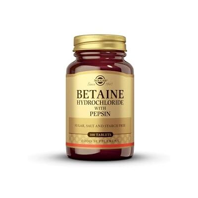 Solgar Hydrochlorure de bétaïne avec comprimés de pepsin Lot de 100 Maintient une digestion saine Sans gluten Solgar Hydrochlorure de bétaïne avec comprimés de pepsin Lot de 100 Maintient une digestion saine Sans gluten