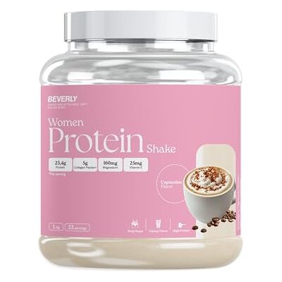 Beverly Women Protein Protéine de lactosérum spéciale pour femmes avec collagène marin, magnésium et vitamine E 1 kg 24 g de protéines par portion 33 portions Saveur (1 KG, CAPUCCINO) Beverly Women Protein Protéine de lactosérum spéciale pour femmes avec collagène marin, magnésium et vitamine E 1 kg 24 g de protéines par portion 33 portions Saveur (1 KG, CAPUCCINO)