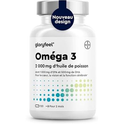 Gloryfeel Omega 3 2000 mg Huile de Poissons Sauvages, Oméga 3 sous Forme Triglycérides Réestérifiées rTG, 1000mg EPA + 500mg DHA, Gélules Fortement Dosées, Source d'Acides Gras Essentiels, Sans Odeur Gloryfeel Omega 3 2000 mg Huile de Poissons Sauvages, Oméga 3 sous Forme Triglycérides Réestérifiées rTG, 1000mg EPA + 500mg DHA, Gélules Fortement Dosées, Source d'Acides Gras Essentiels, Sans Odeur
