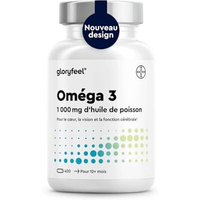 Gloryfeel Oméga 3 Huile de Poisson Pure 400 Capsules, Hautement Concentré 1000mg, Acides Gras Essentiels EPA 180mg DHA 120mg, Fish Oil, Fonction Cardiaque, Soutien une Vision Normale*, Sans Additifs Gloryfeel Oméga 3 Huile de Poisson Pure 400 Capsules, Hautement Concentré 1000mg, Acides Gras Essentiels EPA 180mg DHA 120mg, Fish Oil, Fonction Cardiaque, Soutien une Vision Normale*, Sans Additifs