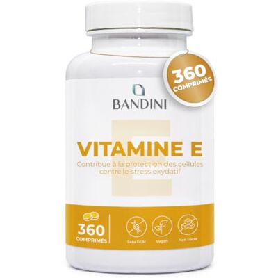 BANDINI ® Vitamine E pure 360 comprimés Complément D-alpha tocophérol Antioxydant naturel pour Peau & Cheveux Contre le stress oxydatif 1 comprimé par jour pour 1 an Alternative aux gélules BANDINI ® Vitamine E pure 360 comprimés Complément D-alpha tocophérol Antioxydant naturel pour Peau & Cheveux Contre le stress oxydatif 1 comprimé par jour pour 1 an Alternative aux gélules