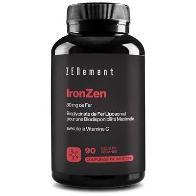 Zenement IronZen 30 mg de Fer Bisglycinate Liposomal 90 Gélules Véganes avec Vitamine C Haute Absorption & Tolérance Digestive Forme Chélatée Stable Sans Stéarate de Magnésium Zenement IronZen 30 mg de Fer Bisglycinate Liposomal 90 Gélules Véganes avec Vitamine C Haute Absorption & Tolérance Digestive Forme Chélatée Stable Sans Stéarate de Magnésium