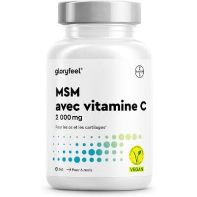 Gloryfeel MSM avec Vitamine C, 365 Haute Résistance Comprimés Végan, Complexe pour les Os, Articulations, Peau & Système Immunitaire*, 2000 mg Méthylsulfonylméthane, Complément Alimentaire Naturel Gloryfeel MSM avec Vitamine C, 365 Haute Résistance Comprimés Végan, Complexe pour les Os, Articulations, Peau & Système Immunitaire*, 2000 mg Méthylsulfonylméthane, Complément Alimentaire Naturel