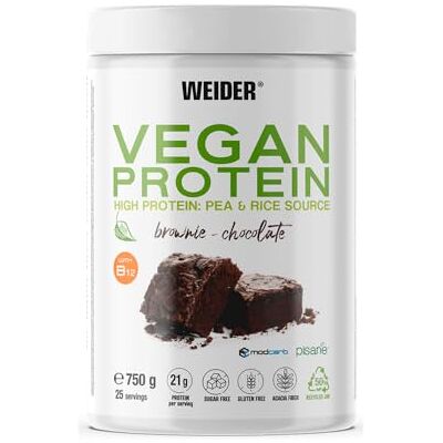 Weider Vegan Protein (750g) Goût Brownie-Choco. Protéines 100% Vegetal 21g/dose, Pois (Isolat Pisane) & Riz. Avec Vitamine B12 & Stevia. Sans Gluten, Sans Sucre. Emballage 50% Recyclé, 100% Recyclable Weider Vegan Protein (750g) Goût Brownie-Choco. Protéines 100% Vegetal 21g/dose, Pois (Isolat Pisane) & Riz. Avec Vitamine B12 & Stevia. Sans Gluten, Sans Sucre. Emballage 50% Recyclé, 100% Recyclable