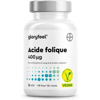 Gloryfeel Acide folique – 400 comprimés (13 mois) – 400 µg d'acide folique pur par comprimé – Grossesse et système immunitaire * – 100% végétalien, testé en laboratoire et fabriqué en Allemagne sans additifs Gloryfeel Acide folique – 400 comprimés (13 mois) – 400 µg d'acide folique pur par comprimé – Grossesse et système immunitaire * – 100% végétalien, testé en laboratoire et fabriqué en Allemagne sans additifs