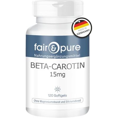 Pure Beta-Carotène Softgels 15mg, 120 pièces, complément alimentaire sans additifs, fabriqué en Allemagne Pure Beta-Carotène Softgels 15mg, 120 pièces, complément alimentaire sans additifs, fabriqué en Allemagne