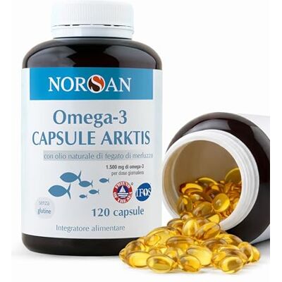 NORSAN Omega 3 Capsules Arktis, huile de foie de morue, 1 x 120 pièces 1 500 mg EPA DHA · Huile de poisson oméga 3 · Fish Oil · Sans reflux · Pêche durable · Purifiée à partir de métaux lourds NORSAN Omega 3 Capsules Arktis, huile de foie de morue, 1 x 120 pièces 1 500 mg EPA DHA · Huile de poisson oméga 3 · Fish Oil · Sans reflux · Pêche durable · Purifiée à partir de métaux lourds