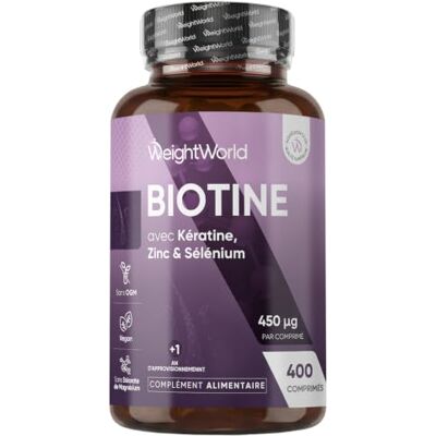 WeightWorld Biotine Cheveux avec Selenium, Zinc et Kératine 400 Micro Comprimés Vegan Biotine Zinc Selenium Selon l'EFSA, la biotine contribue au maintien d'une chevelure normale Comprimés pour 1 an WeightWorld Biotine Cheveux avec Selenium, Zinc et Kératine 400 Micro Comprimés Vegan Biotine Zinc Selenium Selon l'EFSA, la biotine contribue au maintien d'une chevelure normale Comprimés pour 1 an