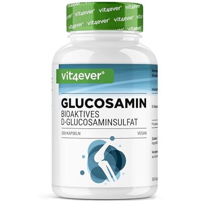 Vit4ever Glucosamine 900mg 300 gélules sulfate de D-glucosamine bioactif issu de la fermentation sans additifs indésirables hautement dosé végétalien Vit4ever Glucosamine 900mg 300 gélules sulfate de D-glucosamine bioactif issu de la fermentation sans additifs indésirables hautement dosé végétalien
