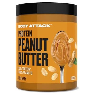 Body Attack beurre de cacahuète protéiné, 1kg, pâte à tartiner sans sucre, sel ni graisse de palme croquant, végétalien et naturel, à faible teneur en glucides avec 30% de protéines, Crémeux Body Attack beurre de cacahuète protéiné, 1kg, pâte à tartiner sans sucre, sel ni graisse de palme croquant, végétalien et naturel, à faible teneur en glucides avec 30% de protéines, Crémeux
