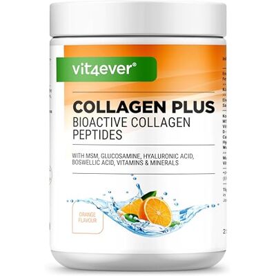 Vit4ever Collagen Plus 500 g de poudre avec MSM, glucosamine HCL, acide hyaluronique, extrait d’encens 100% peptides de collagène hydrolysé bioactif collagène type 1 & 3 goût orange Vit4ever Collagen Plus 500 g de poudre avec MSM, glucosamine HCL, acide hyaluronique, extrait d’encens 100% peptides de collagène hydrolysé bioactif collagène type 1 & 3 goût orange