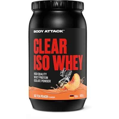 Body Attack Clear ISO Whey Ice Tea Saveur pêche 900 g 30 portions Fabriqué en Allemagne, isolat de protéines de lactosérum rafraîchissant et transparent, 24 g de protéines et 11 400 mg EAA Body Attack Clear ISO Whey Ice Tea Saveur pêche 900 g 30 portions Fabriqué en Allemagne, isolat de protéines de lactosérum rafraîchissant et transparent, 24 g de protéines et 11 400 mg EAA