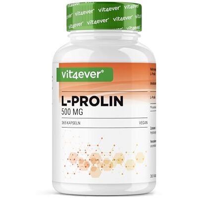 Vit4ever L-Proline 365 gélules Hautement dosé avec 1000mg par portion journalière Acide aminé pur obtenu par fermentation Sans additifs, végétalien Vit4ever L-Proline 365 gélules Hautement dosé avec 1000mg par portion journalière Acide aminé pur obtenu par fermentation Sans additifs, végétalien