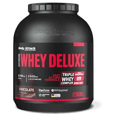 Body Attack Extreme Whey Deluxe Chocolate 2,3 kg – Fabriqué en Allemagne – Poudre de protéines avec acides aminés, triple complexe Whey, CFM Isolate, poudre de protéines parfaitement solubles, faible Body Attack Extreme Whey Deluxe Chocolate 2,3 kg – Fabriqué en Allemagne – Poudre de protéines avec acides aminés, triple complexe Whey, CFM Isolate, poudre de protéines parfaitement solubles, faible