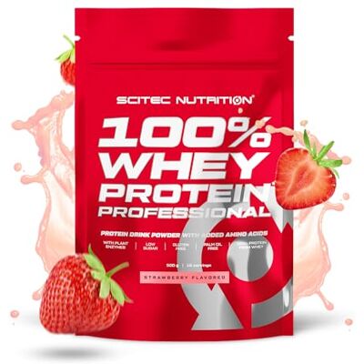Scitec Nutrition 100% Whey Protein Professional avec des acides-aminés clés et des enzymes digestives, sans gluten, 500 g, Fraise Scitec Nutrition 100% Whey Protein Professional avec des acides-aminés clés et des enzymes digestives, sans gluten, 500 g, Fraise