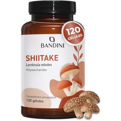 BANDINI ® Shiitake 1500 mg 40% de Polysaccharides + 30% de Bêta-glucanes Extrait de Lentinula edodes Complément au Dosage Élevé 120 gélules végétaliennes Sans additifs 100% Végan BANDINI ® Shiitake 1500 mg 40% de Polysaccharides + 30% de Bêta-glucanes Extrait de Lentinula edodes Complément au Dosage Élevé 120 gélules végétaliennes Sans additifs 100% Végan