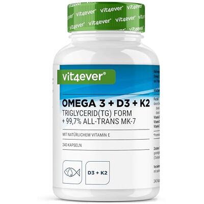 Vit4ever Oméga 3 + Vitamine D3 + K2-240 Gélules 4 Mois de Réserve Huile de Poisson Forte Dose avec EPA & DHA Premium K2 All-Trans 99,7+% avec Oméga3 sous Forme de Triglycérides & Vitamin D3 Biodisponible Vit4ever Oméga 3 + Vitamine D3 + K2-240 Gélules 4 Mois de Réserve Huile de Poisson Forte Dose avec EPA & DHA Premium K2 All-Trans 99,7+% avec Oméga3 sous Forme de Triglycérides & Vitamin D3 Biodisponible