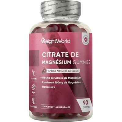 WeightWorld Magnesium Gummies 1454mg de Magnesium Citrate, 90 Gommes Vegan Faibles en Sucre pour 45 jours d'Approvisionnement Arôme Naturel de Raisin WeightWorld Magnesium Gummies 1454mg de Magnesium Citrate, 90 Gommes Vegan Faibles en Sucre pour 45 jours d'Approvisionnement Arôme Naturel de Raisin