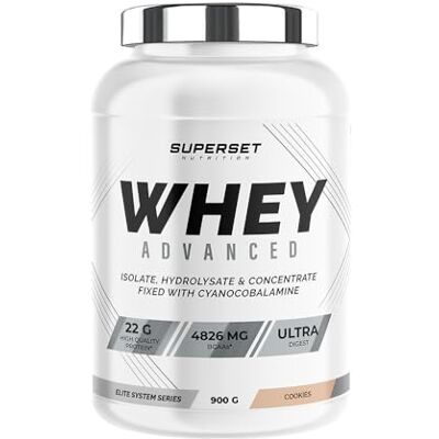 SUPERSET NUTRITION 100% Whey Proteine Advanced (900g) Super Mix Concentrat + Isolat + Hydrolysat Whey protéine ultrafiltrée Cookies SUPERSET NUTRITION 100% Whey Proteine Advanced (900g) Super Mix Concentrat + Isolat + Hydrolysat Whey protéine ultrafiltrée Cookies