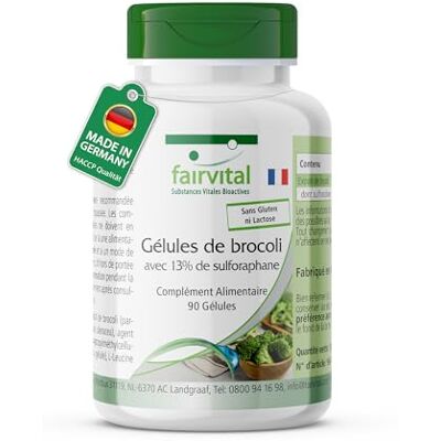 fairvital Gélules de brocoli, 90 gélules, 1 000mg d'extrait de brocoli et 130mg de sulforaphane par dose journalière, qualité contrôlée et hautement dosé, 100% végétalien, fabriqué en Allemagne fairvital Gélules de brocoli, 90 gélules, 1 000mg d'extrait de brocoli et 130mg de sulforaphane par dose journalière, qualité contrôlée et hautement dosé, 100% végétalien, fabriqué en Allemagne