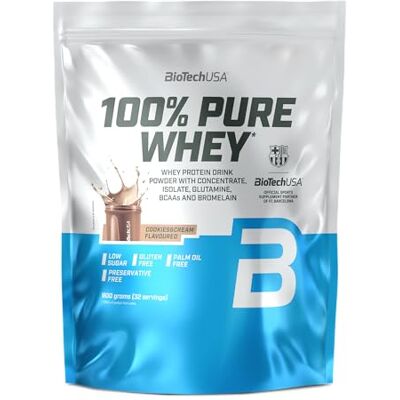 BioTechUSA 100% Pure Whey Poudre de protéines avec BCAA et Glutamine Sans gluten, sans huile de palme 21g de protéines par portion, 900 g, Cookies & Cream BioTechUSA 100% Pure Whey Poudre de protéines avec BCAA et Glutamine Sans gluten, sans huile de palme 21g de protéines par portion, 900 g, Cookies & Cream