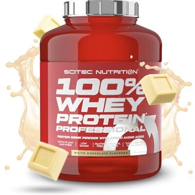 Scitec Nutrition 100% Whey Protein Professional avec des acides-aminés clés et des enzymes digestives, sans gluten, 2.35 kg, Chocolat blanc Scitec Nutrition 100% Whey Protein Professional avec des acides-aminés clés et des enzymes digestives, sans gluten, 2.35 kg, Chocolat blanc